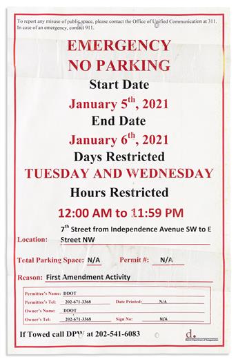 (PRESIDENTS--2021.) Emergency No Parking notice in advance of the January 6 United States Capitol attack.